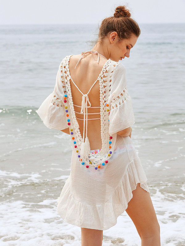 Crochet Insert Backless Tassel Tie Pom Pom Cover Up