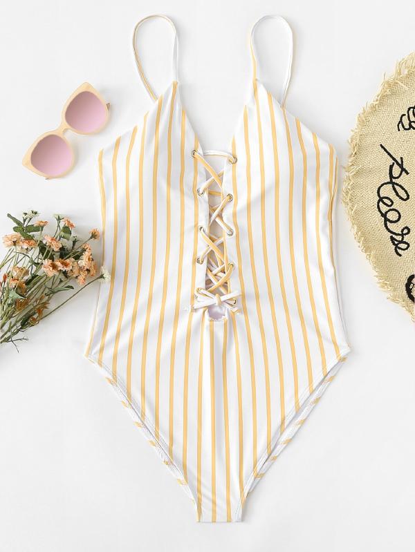 Lace Up Striped Swimsuit